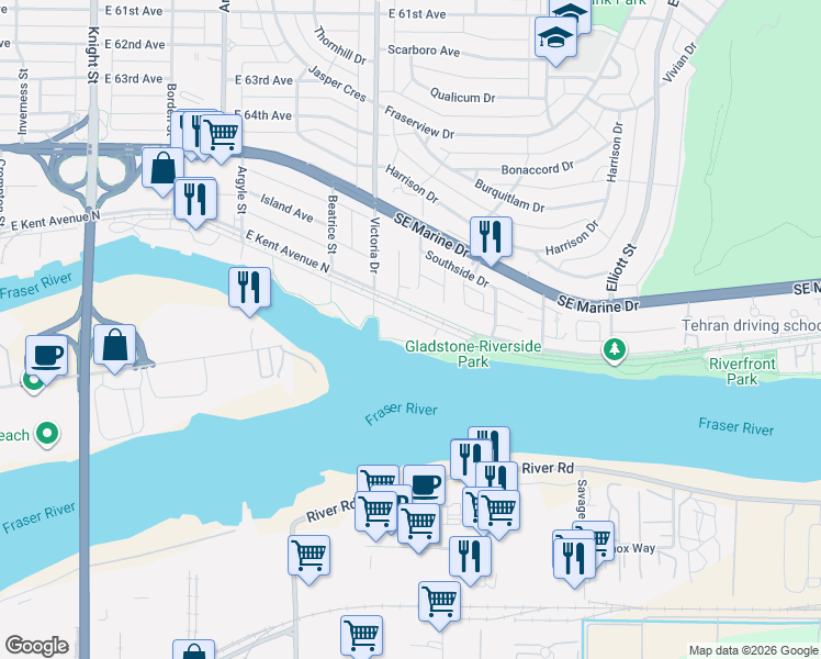 map of restaurants, bars, coffee shops, grocery stores, and more near 2080 East Kent Avenue South in Vancouver