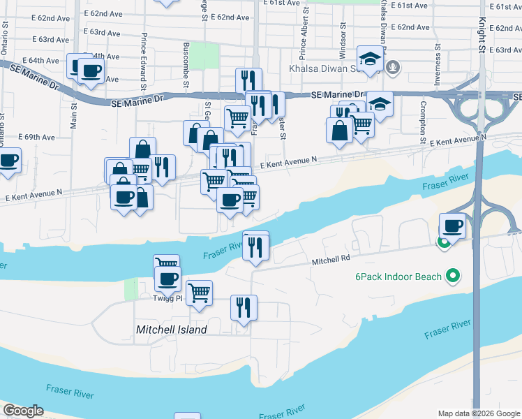 map of restaurants, bars, coffee shops, grocery stores, and more near 8568 Fraser Street in Vancouver