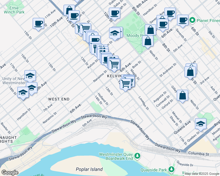 map of restaurants, bars, coffee shops, grocery stores, and more near 525 13th Street in New Westminster