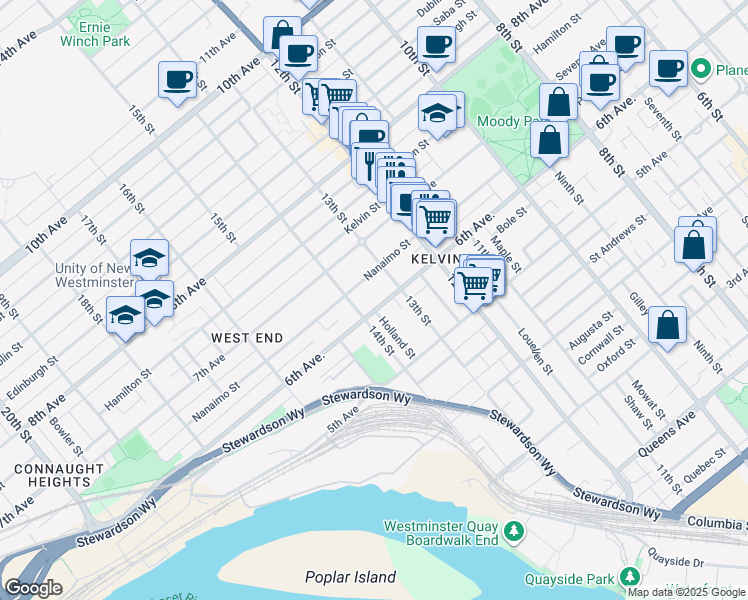 map of restaurants, bars, coffee shops, grocery stores, and more near 1315 Sixth Avenue in New Westminster