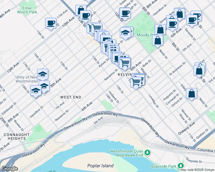 map of restaurants, bars, coffee shops, grocery stores, and more near 1315 Sixth Avenue in New Westminster