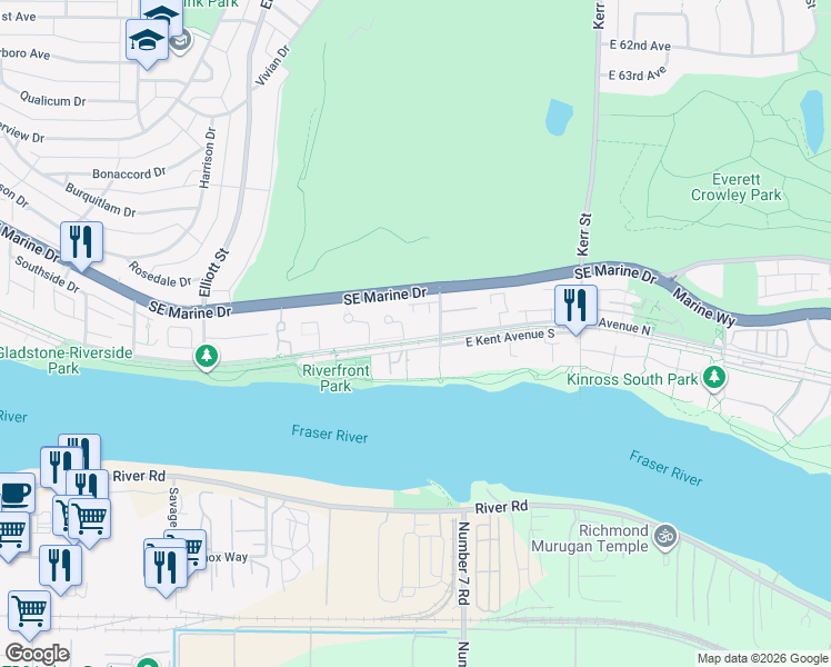map of restaurants, bars, coffee shops, grocery stores, and more near 2883 East Kent Avenue North in Vancouver