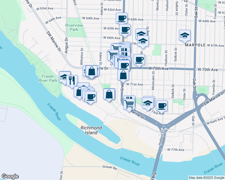 map of restaurants, bars, coffee shops, grocery stores, and more near 8728 Southwest Marine Drive in Vancouver
