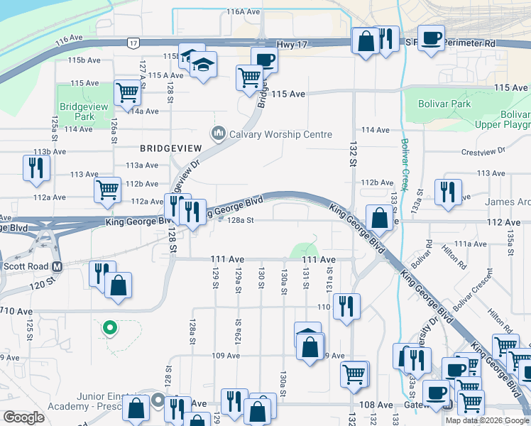 map of restaurants, bars, coffee shops, grocery stores, and more near 13003 112 Avenue in Surrey