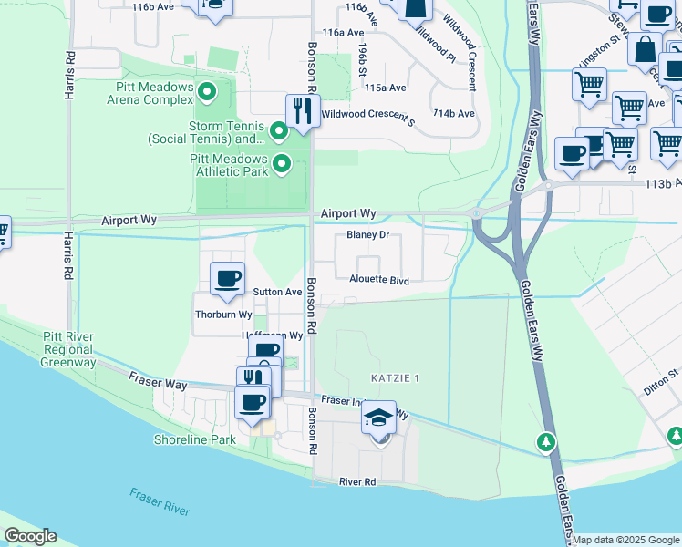 map of restaurants, bars, coffee shops, grocery stores, and more near 11222 Blaney Way in Pitt Meadows