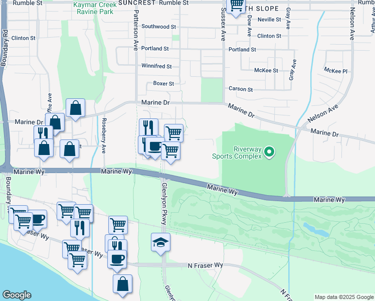 map of restaurants, bars, coffee shops, grocery stores, and more near 8610 Glenlyon Parkway in Burnaby