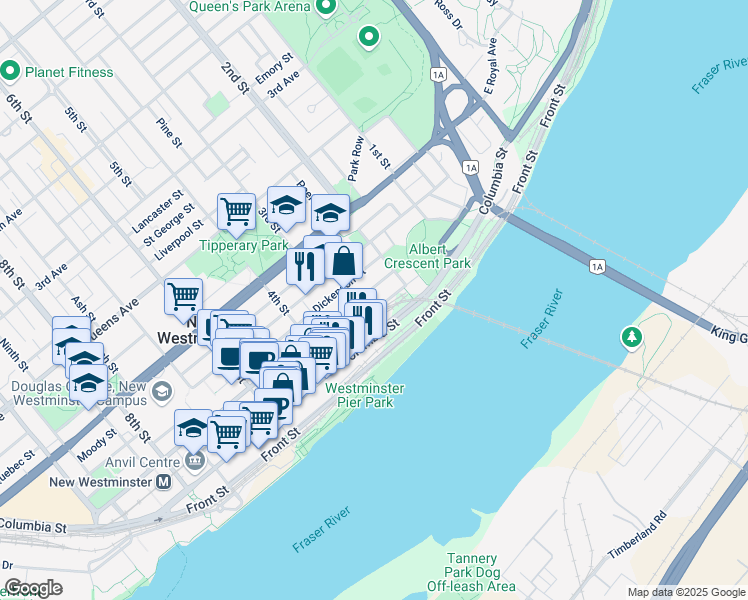 map of restaurants, bars, coffee shops, grocery stores, and more near in New Westminster