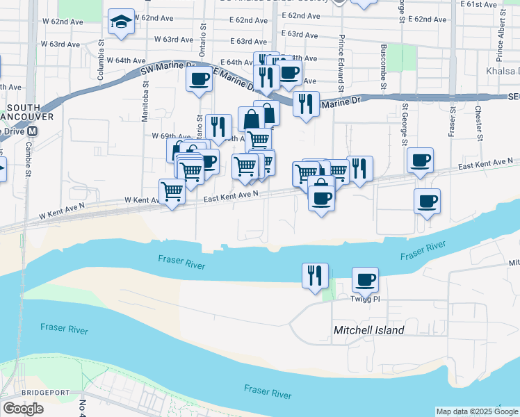 map of restaurants, bars, coffee shops, grocery stores, and more near 8601 Main Street in Vancouver