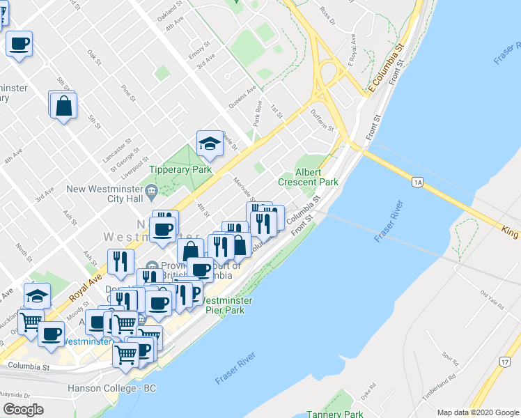 map of restaurants, bars, coffee shops, grocery stores, and more near 308 Carnarvon Street in New Westminster