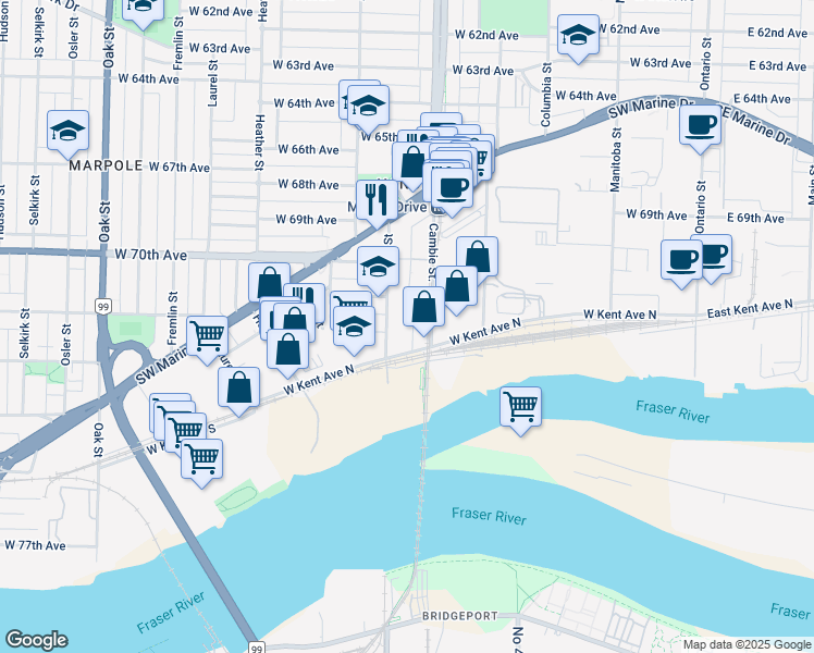 map of restaurants, bars, coffee shops, grocery stores, and more near 8770 Ash Street in Vancouver