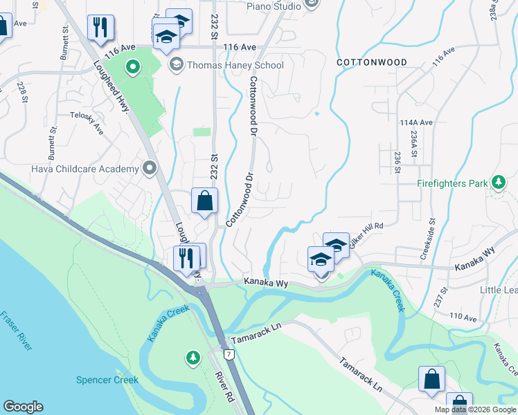 map of restaurants, bars, coffee shops, grocery stores, and more near 11252 Cottonwood Drive in Maple Ridge