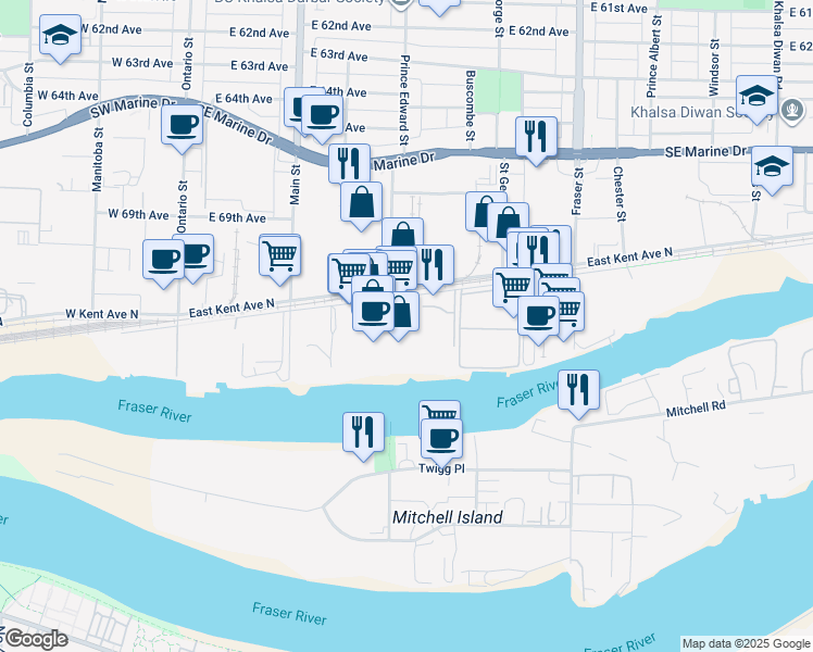 map of restaurants, bars, coffee shops, grocery stores, and more near 418 East Kent Avenue South in Vancouver