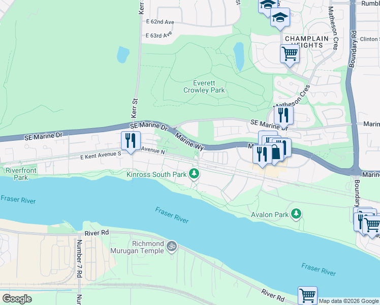 map of restaurants, bars, coffee shops, grocery stores, and more near 3281 East Kent Avenue North in Vancouver
