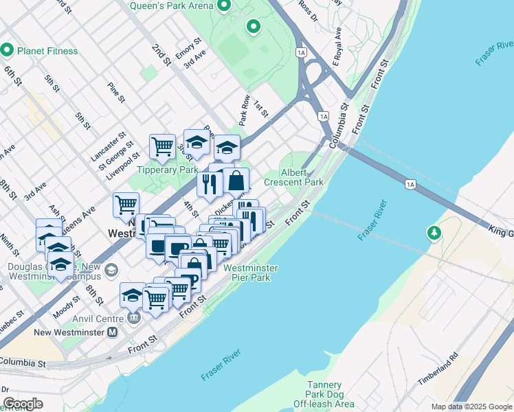 map of restaurants, bars, coffee shops, grocery stores, and more near in New Westminster