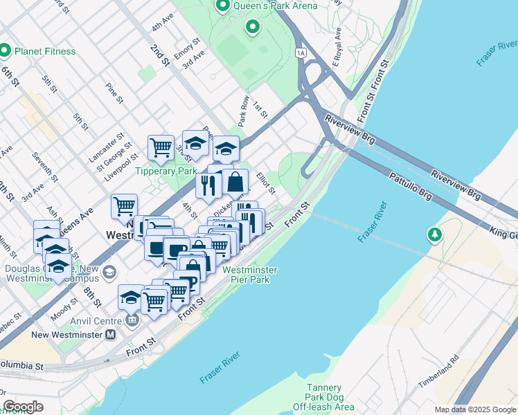 map of restaurants, bars, coffee shops, grocery stores, and more near 218 Carnarvon Street in New Westminster