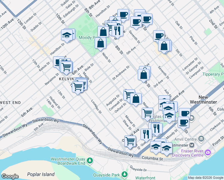 map of restaurants, bars, coffee shops, grocery stores, and more near 1011 4th Avenue in New Westminster