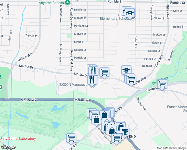 map of restaurants, bars, coffee shops, grocery stores, and more near 5465 Marine Drive in Burnaby