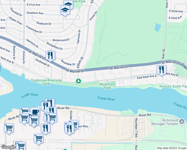 map of restaurants, bars, coffee shops, grocery stores, and more near 2656 Morningstar Crescent in Vancouver
