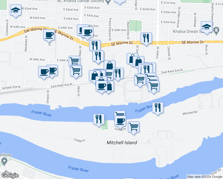 map of restaurants, bars, coffee shops, grocery stores, and more near 418 East Kent Avenue South in Vancouver
