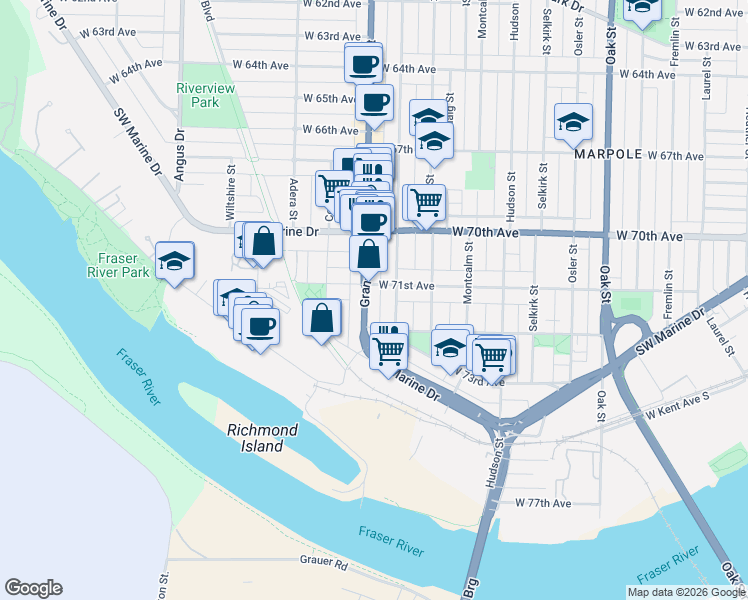 map of restaurants, bars, coffee shops, grocery stores, and more near 8732 Granville Street in Vancouver