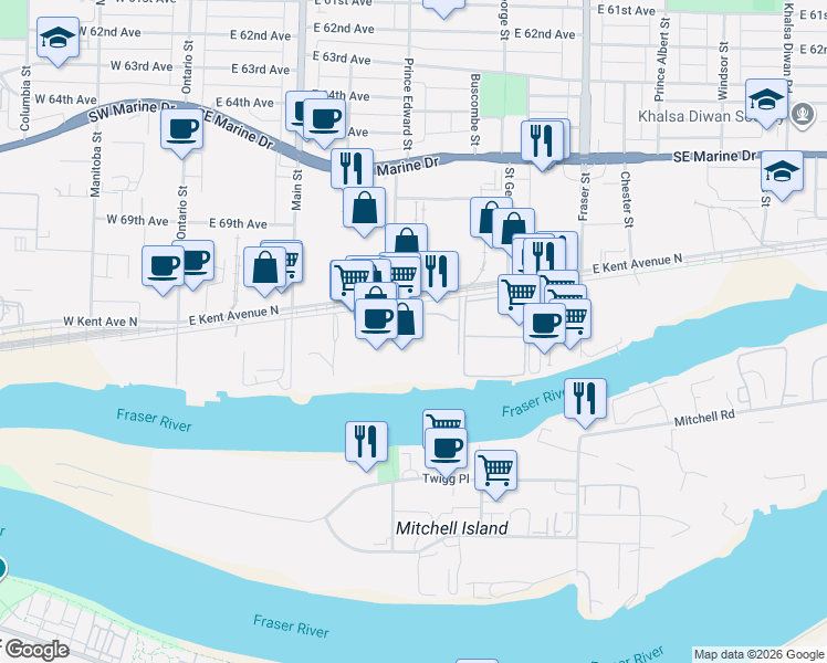 map of restaurants, bars, coffee shops, grocery stores, and more near 418 East Kent Avenue South in Vancouver
