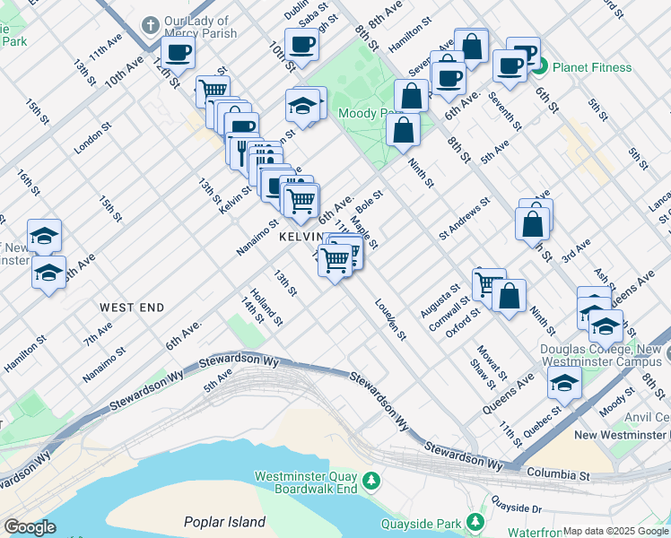 map of restaurants, bars, coffee shops, grocery stores, and more near 505 12th Street in New Westminster