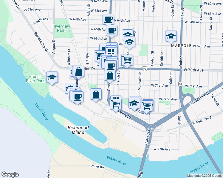 map of restaurants, bars, coffee shops, grocery stores, and more near 8732 Granville Street in Vancouver