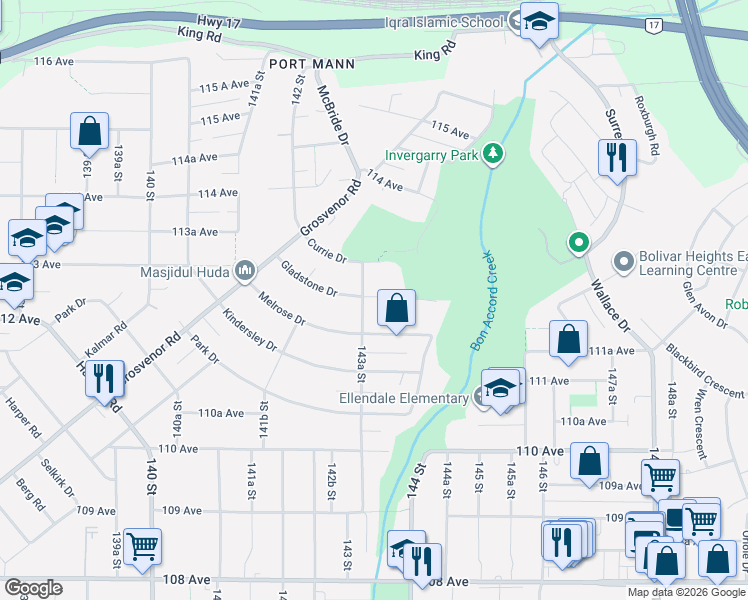 map of restaurants, bars, coffee shops, grocery stores, and more near 14348 Gladstone Drive in Surrey