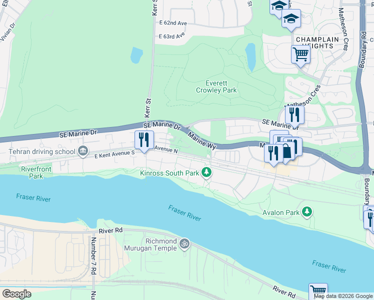 map of restaurants, bars, coffee shops, grocery stores, and more near 3187 East Kent Avenue North in Vancouver