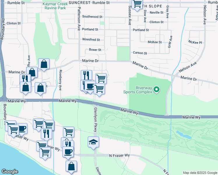 map of restaurants, bars, coffee shops, grocery stores, and more near 8610 Glenlyon Pkwy in Burnaby