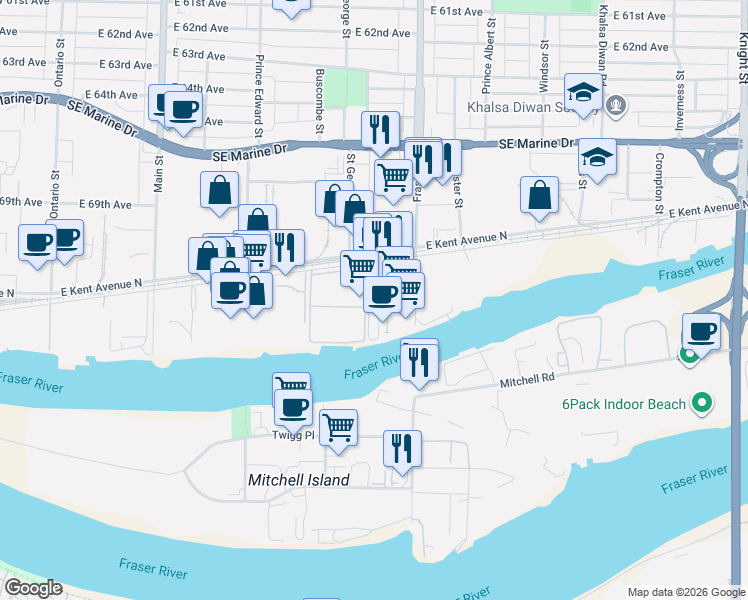 map of restaurants, bars, coffee shops, grocery stores, and more near 618 East Kent Avenue South in Vancouver