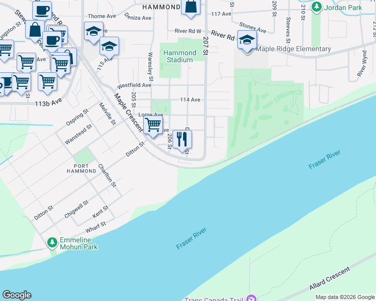 map of restaurants, bars, coffee shops, grocery stores, and more near 20583 Battle Avenue in Maple Ridge