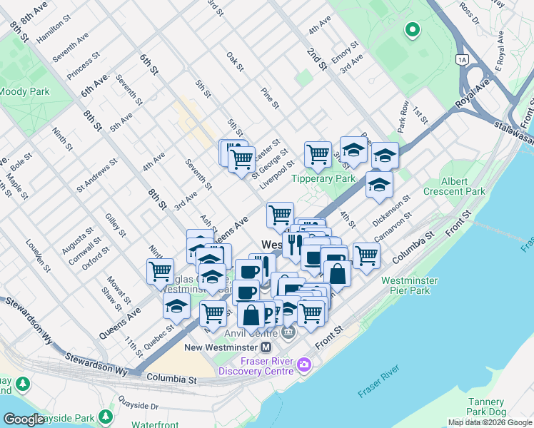 map of restaurants, bars, coffee shops, grocery stores, and more near 188 6th Street in New Westminster