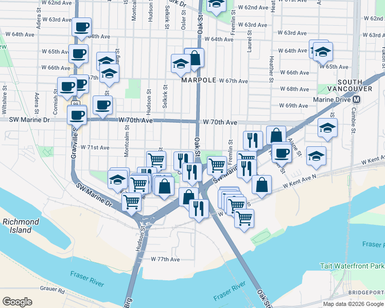 map of restaurants, bars, coffee shops, grocery stores, and more near in Vancouver