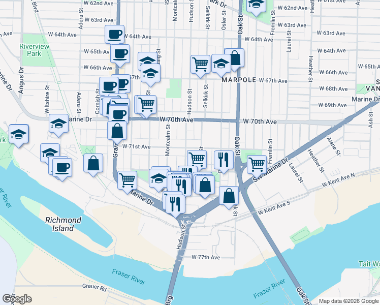 map of restaurants, bars, coffee shops, grocery stores, and more near in Vancouver