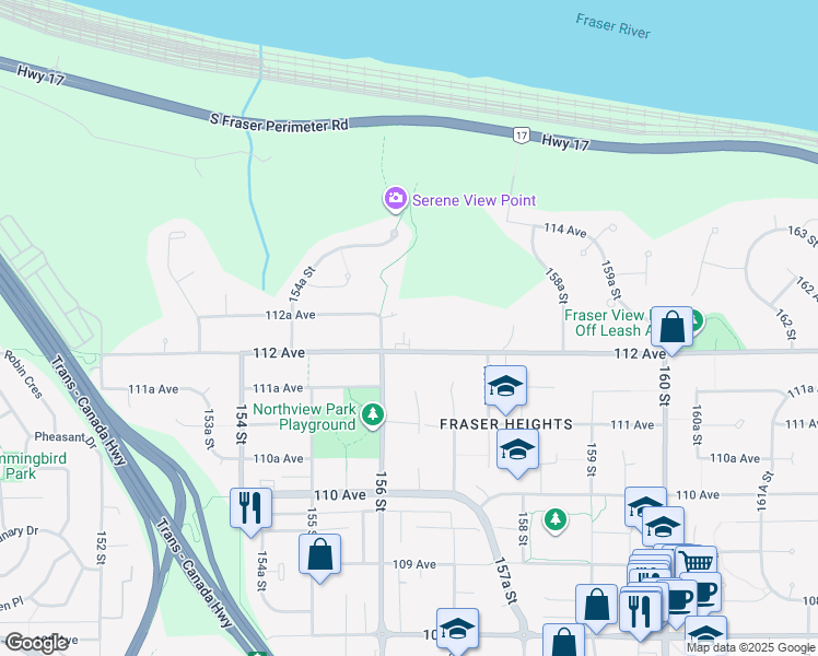 map of restaurants, bars, coffee shops, grocery stores, and more near 11248 156 A Street in Surrey