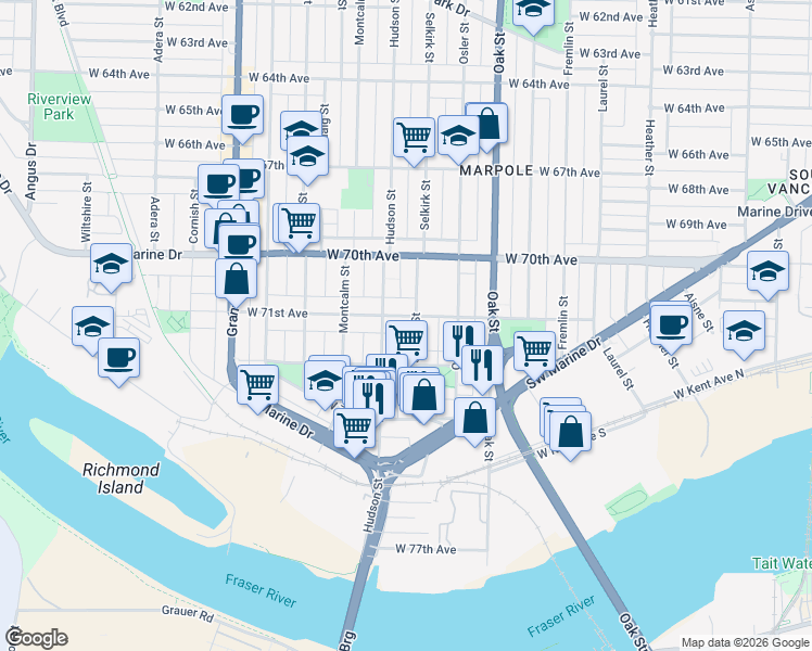 map of restaurants, bars, coffee shops, grocery stores, and more near 8735 Selkirk Street in Vancouver