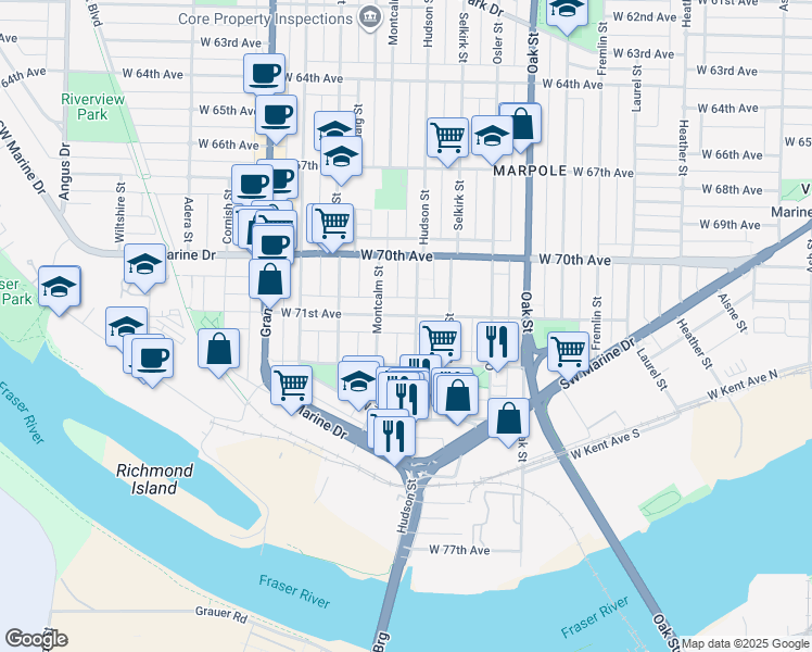 map of restaurants, bars, coffee shops, grocery stores, and more near 8707 Hudson Street in Vancouver