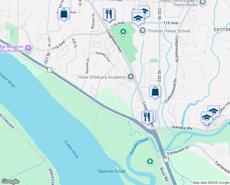map of restaurants, bars, coffee shops, grocery stores, and more near 11295 Pazarena Place in Maple Ridge