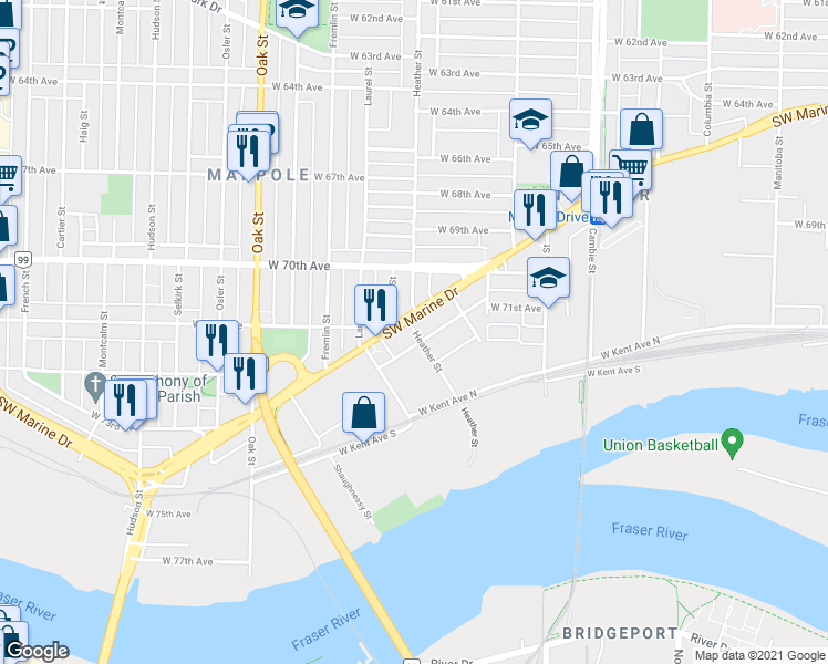 map of restaurants, bars, coffee shops, grocery stores, and more near 8729 Heather St in Vancouver