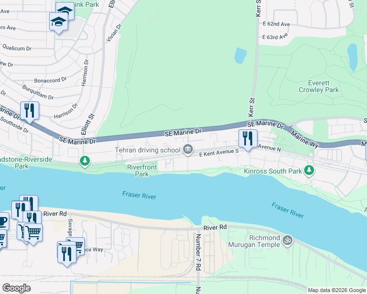 map of restaurants, bars, coffee shops, grocery stores, and more near 8495 Jellicoe Street in Vancouver