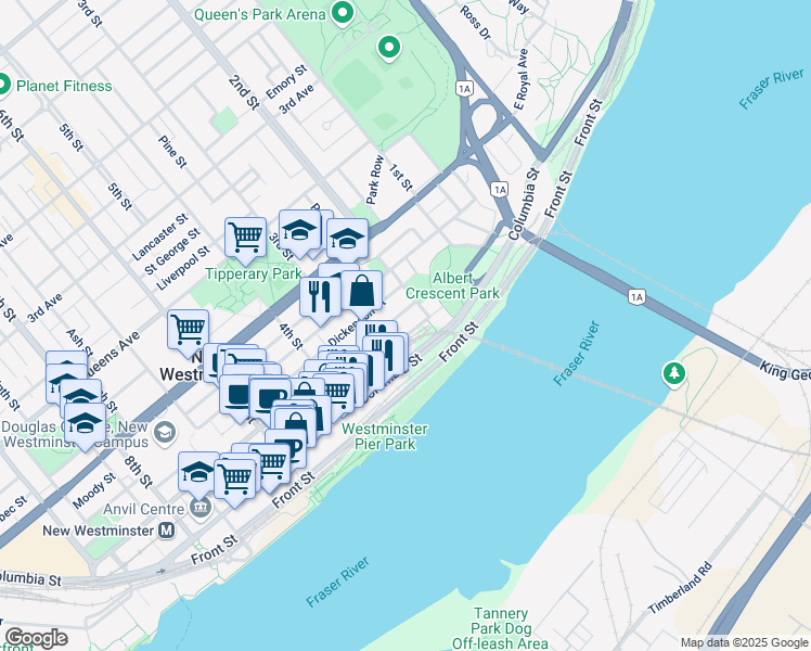 map of restaurants, bars, coffee shops, grocery stores, and more near 210 Carnarvon Street in New Westminster
