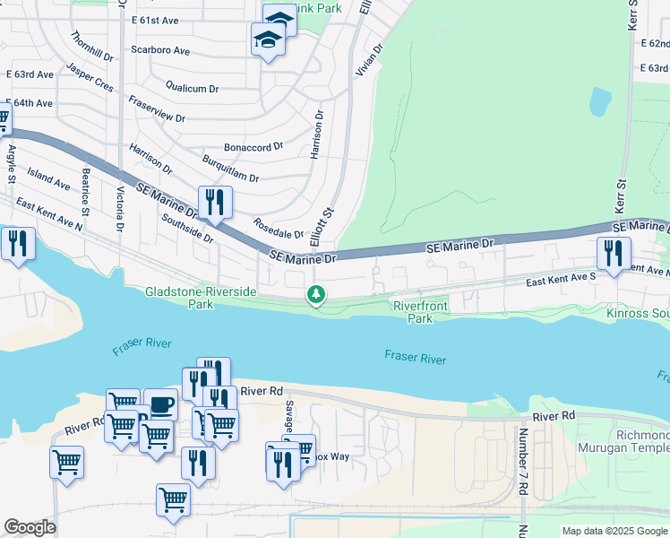 map of restaurants, bars, coffee shops, grocery stores, and more near 2508 Southeast Marine Drive in Vancouver