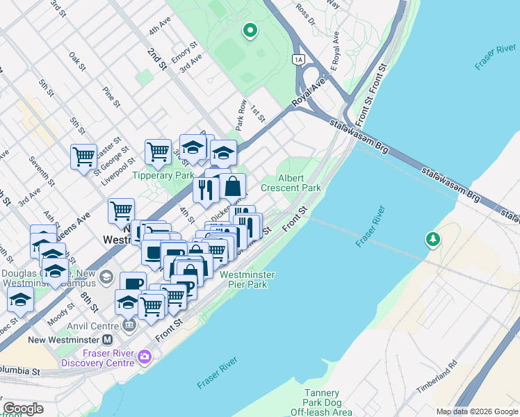 map of restaurants, bars, coffee shops, grocery stores, and more near 210 Carnarvon Street in New Westminster