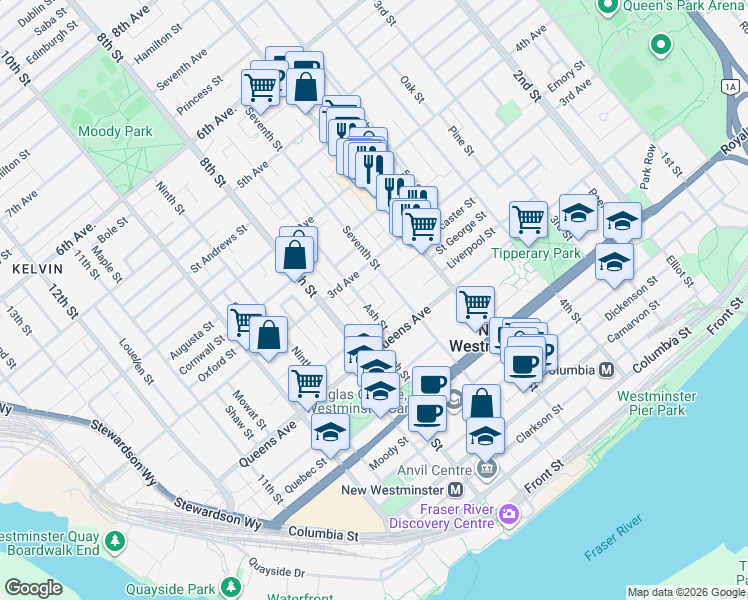 map of restaurants, bars, coffee shops, grocery stores, and more near 221 Ash Street in New Westminster
