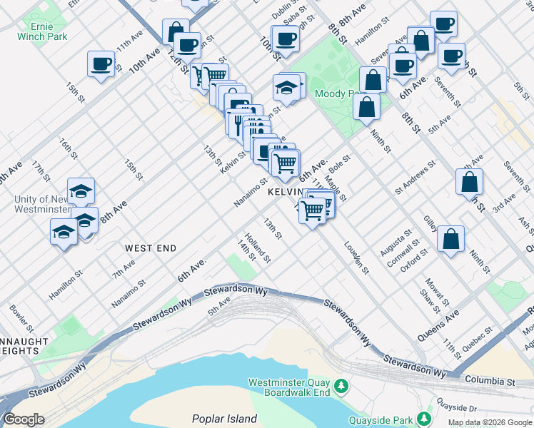 map of restaurants, bars, coffee shops, grocery stores, and more near in New Westminster