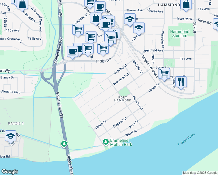 map of restaurants, bars, coffee shops, grocery stores, and more near 20180 Wanstead Street in Maple Ridge