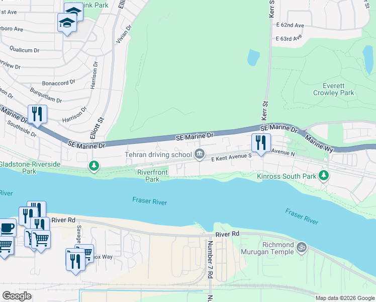 map of restaurants, bars, coffee shops, grocery stores, and more near 2885 East Kent Avenue North in Vancouver