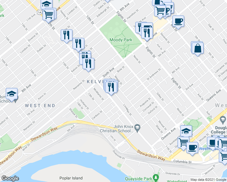 map of restaurants, bars, coffee shops, grocery stores, and more near 1111 5th Avenue in New Westminster