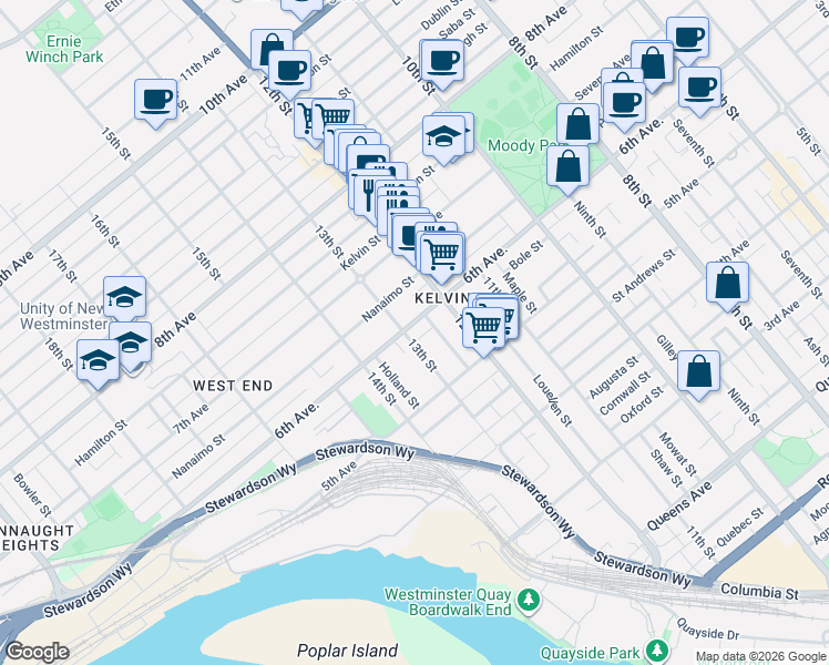 map of restaurants, bars, coffee shops, grocery stores, and more near 1224 6th Avenue in New Westminster